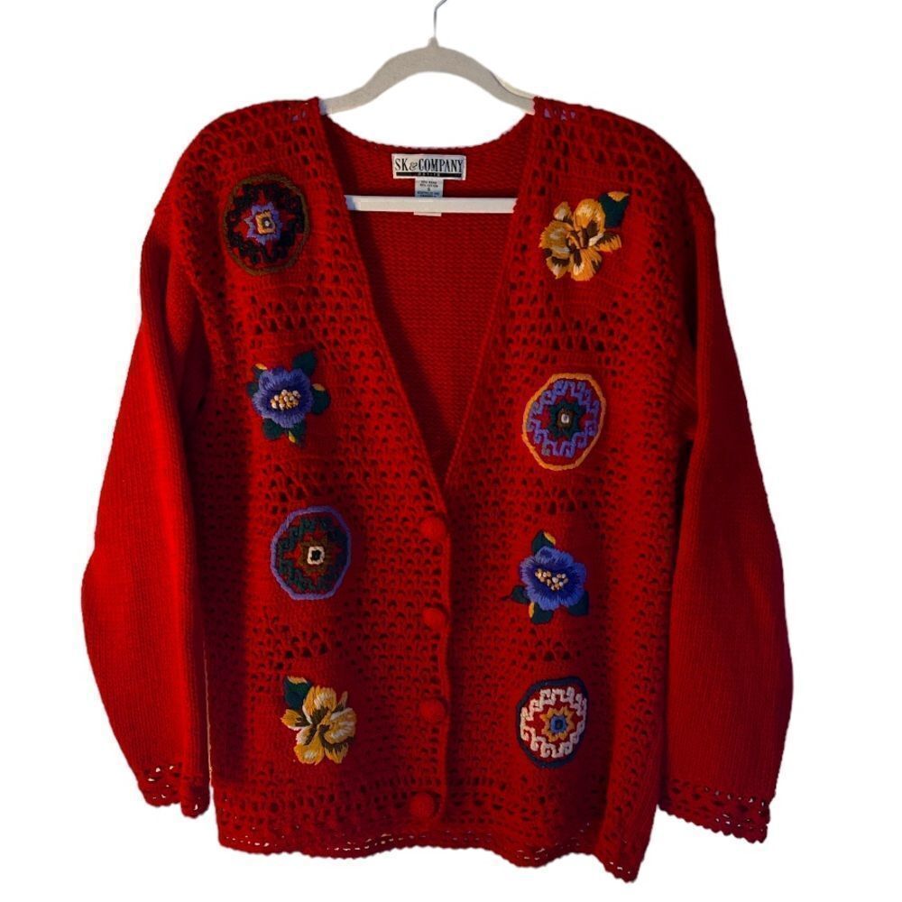 Women’s Vintage red knit floral crochet Grandmacore Cardigan